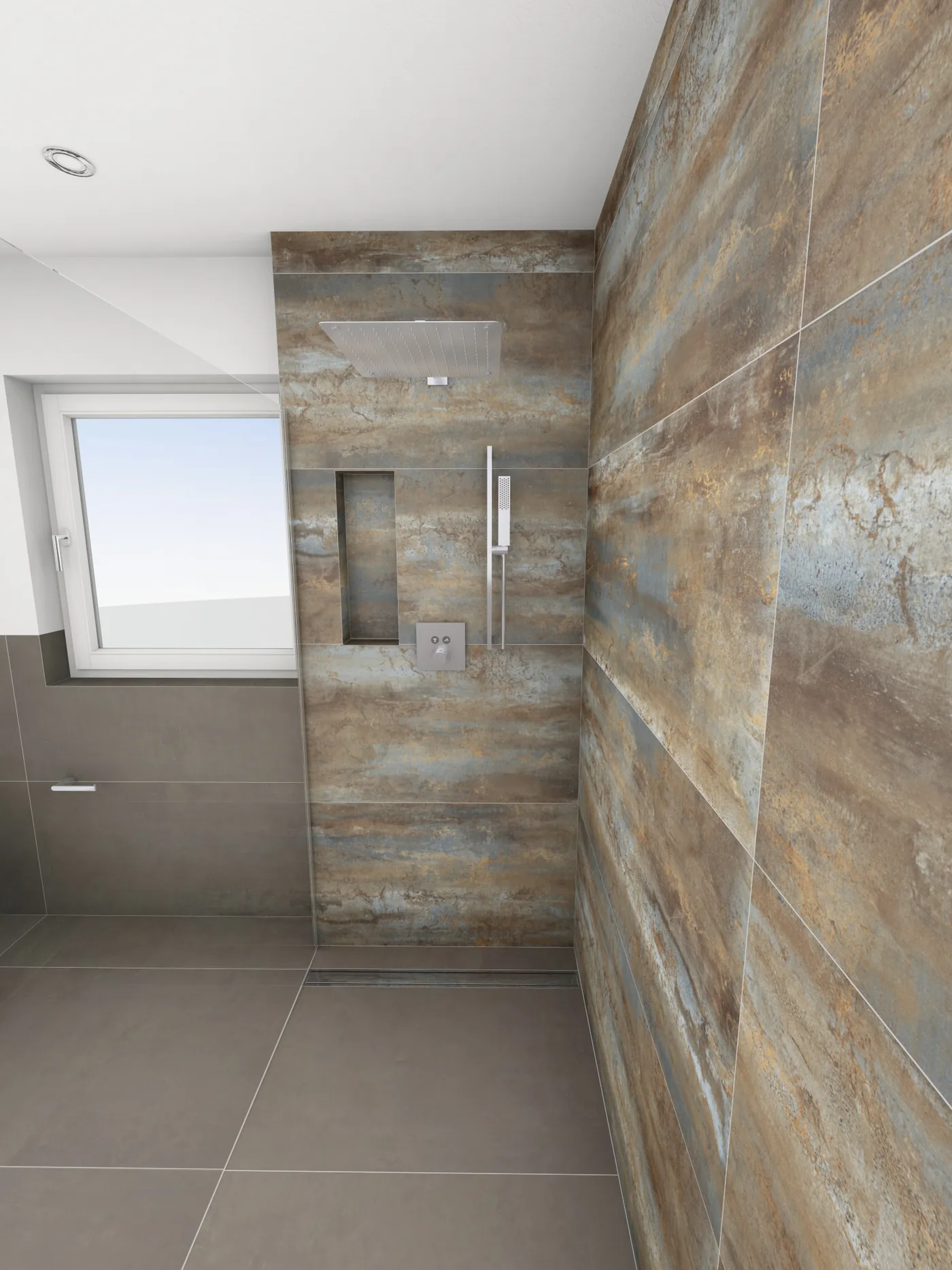 3D-Planung – Walk-in-Dusche mit Corten-Optik-Fliesen