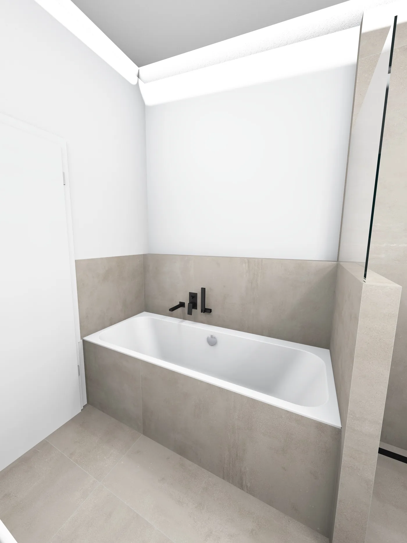 3D-Planung – Badewanne mit Betonlook-Fliesen und schwarzen Armaturen