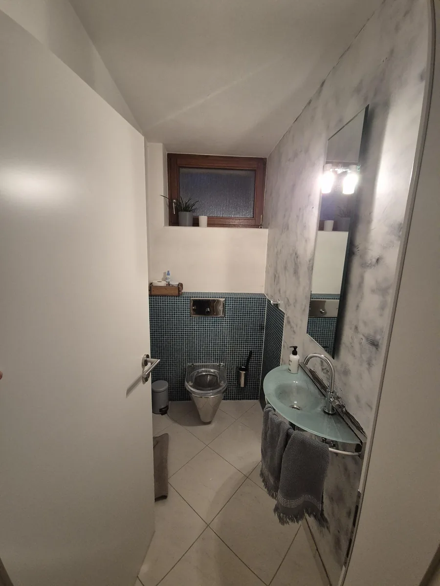 Schmales Gäste-WC mit blauen Mosaikfliesen und Glaswaschbecken vor der Sanierung